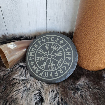 Slate coaster Vegvisir with rune wreath