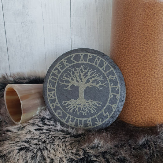 Slate coaster Yggdrasil with rune wreath