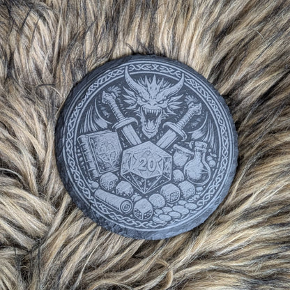 Schieferuntersetzer Pen & Paper - Drache, Schwert, W20