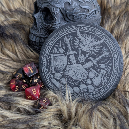 Schieferuntersetzer Pen & Paper - Drache, Schwert, W20